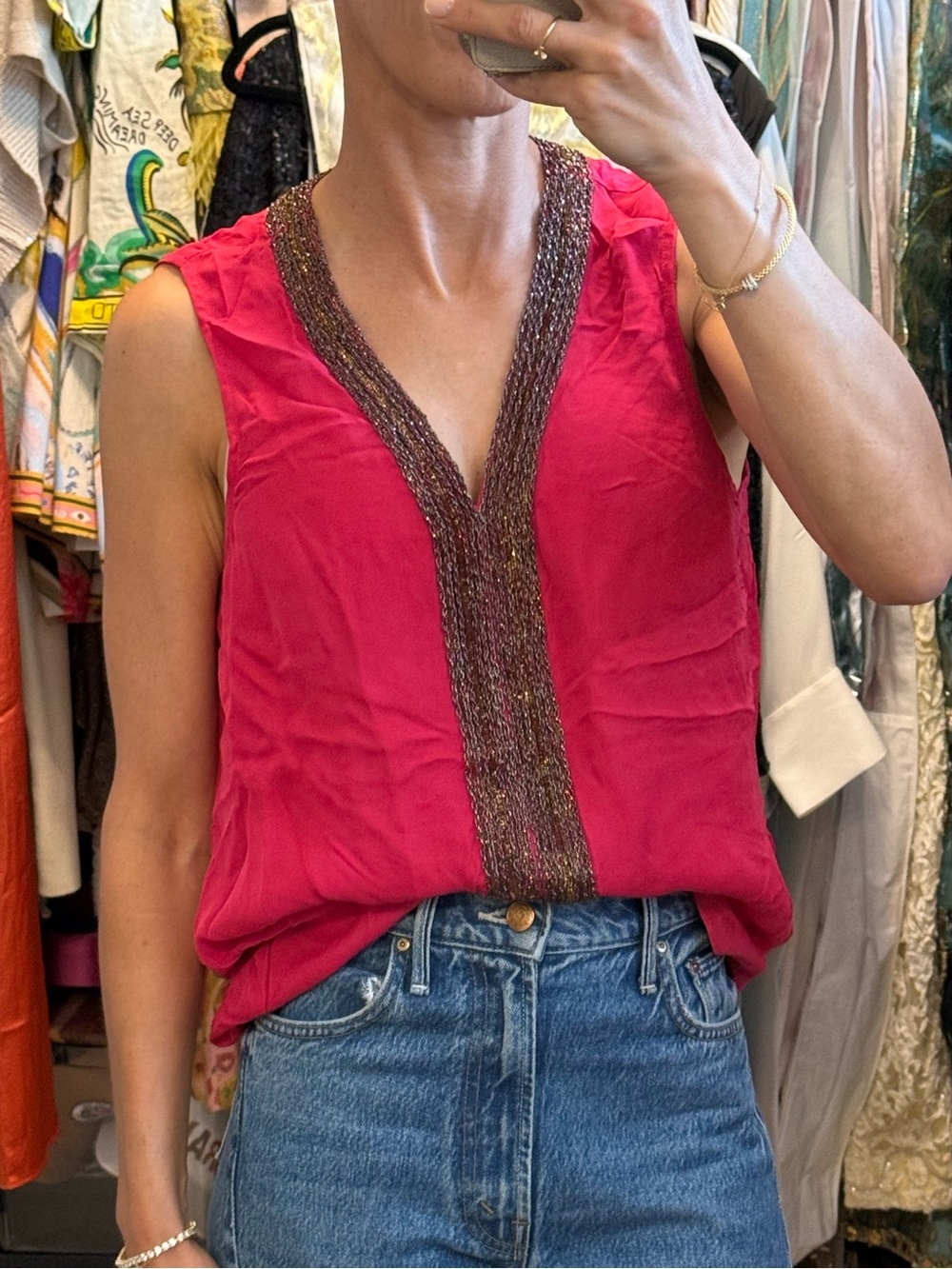 Parker Women's Sleeveless V-Neck Beaded Trim 100% Silk Top